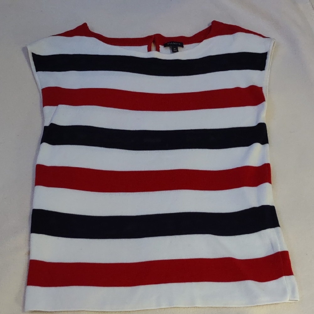 Talbots Red, Black, and White Striped Short Sleeve Top
